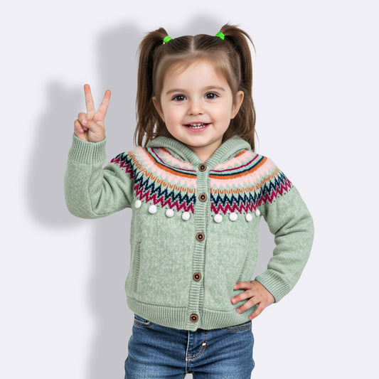 Yellow Apple-Knitted Hooded Sweater for Girls – Cozy Winter Cardigan with Pom-Poms & Nordic Pattern