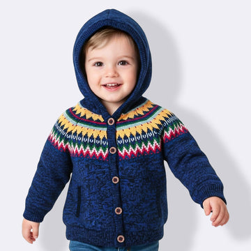 Knitted Hooded Sweater for Girls – Cozy Winter Cardigan with Pom-Poms & Nordic Pattern