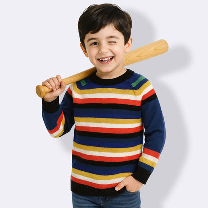 Boys Striped Round Neck Blue Sweater