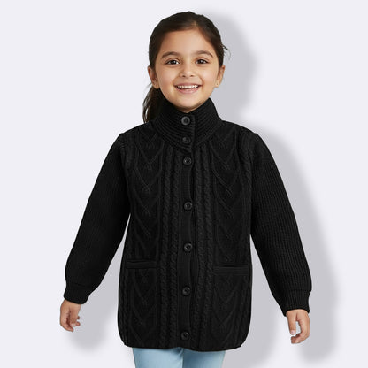 Yellow Apple-Kids Premium Long Buttoned Winter Cardigan | Soft Knitted Warm Coat for Girls