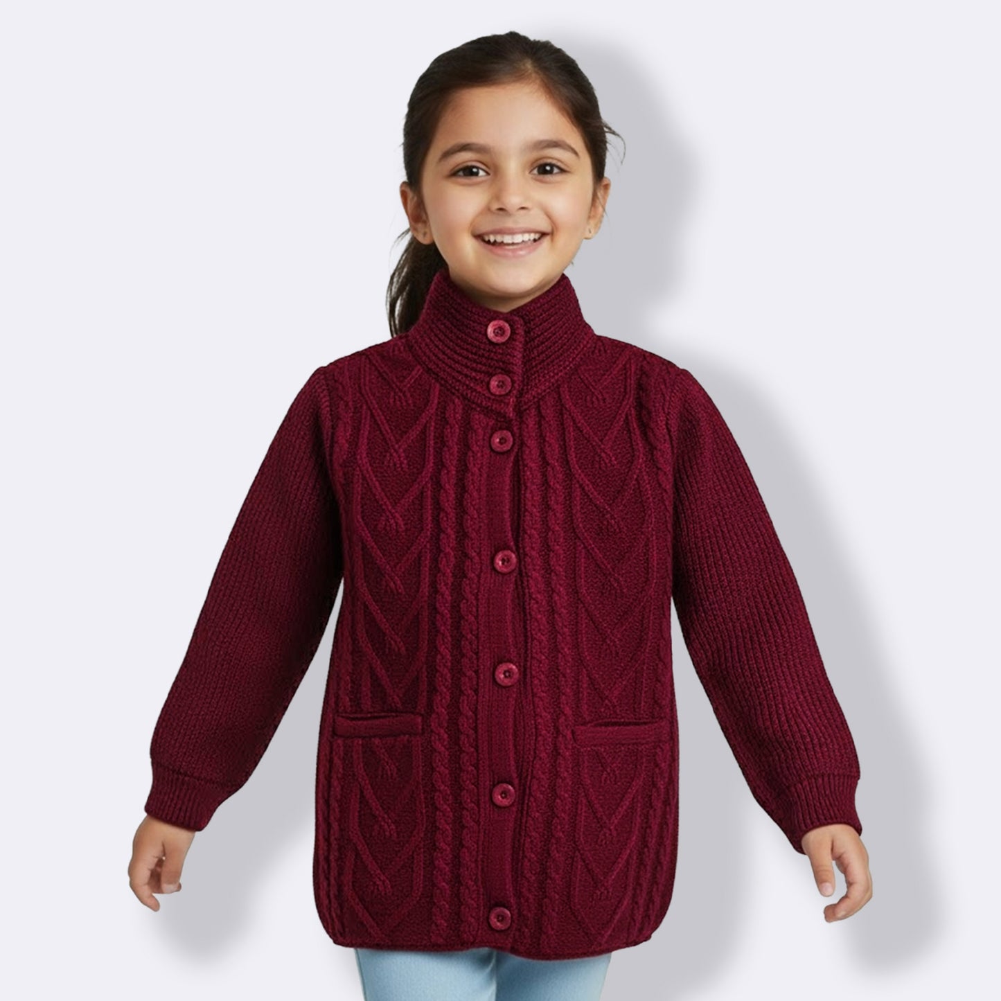 Yellow Apple-Kids Premium Long Buttoned Winter Cardigan | Soft Knitted Warm Coat for Girls