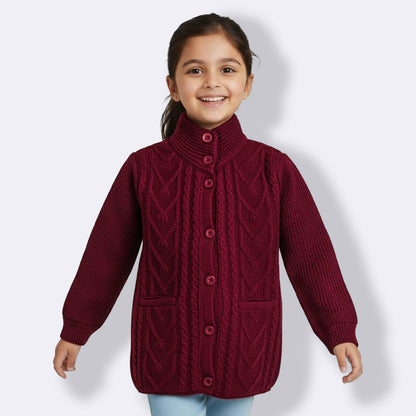 Yellow Apple-Kids Premium Long Buttoned Winter Cardigan | Soft Knitted Warm Coat for Girls