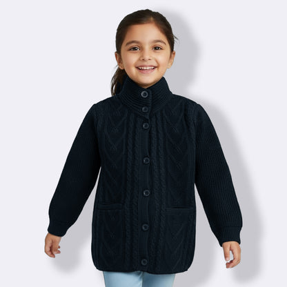 Yellow Apple-Kids Premium Long Buttoned Winter Cardigan | Soft Knitted Warm Coat for Girls