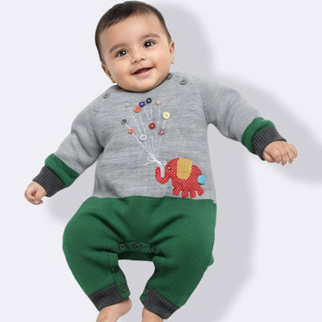 Baby Knitted Winter Romper with Elephant Applique | Soft Full Sleeve Warm Jumpsuit for Newborns & Infants
