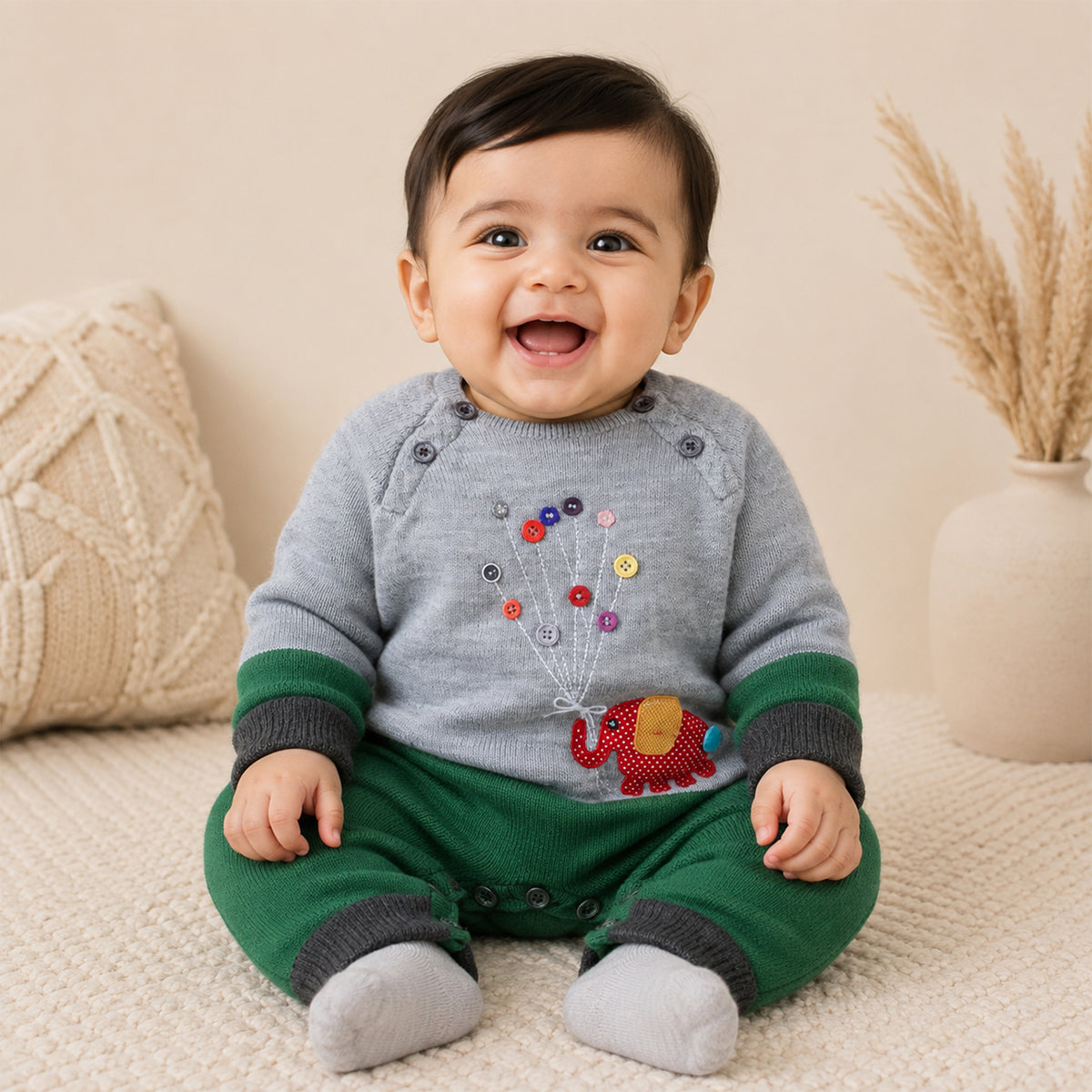 Baby Knitted Winter Romper with Elephant Applique | Soft Full Sleeve Warm Jumpsuit for Newborns & Infants