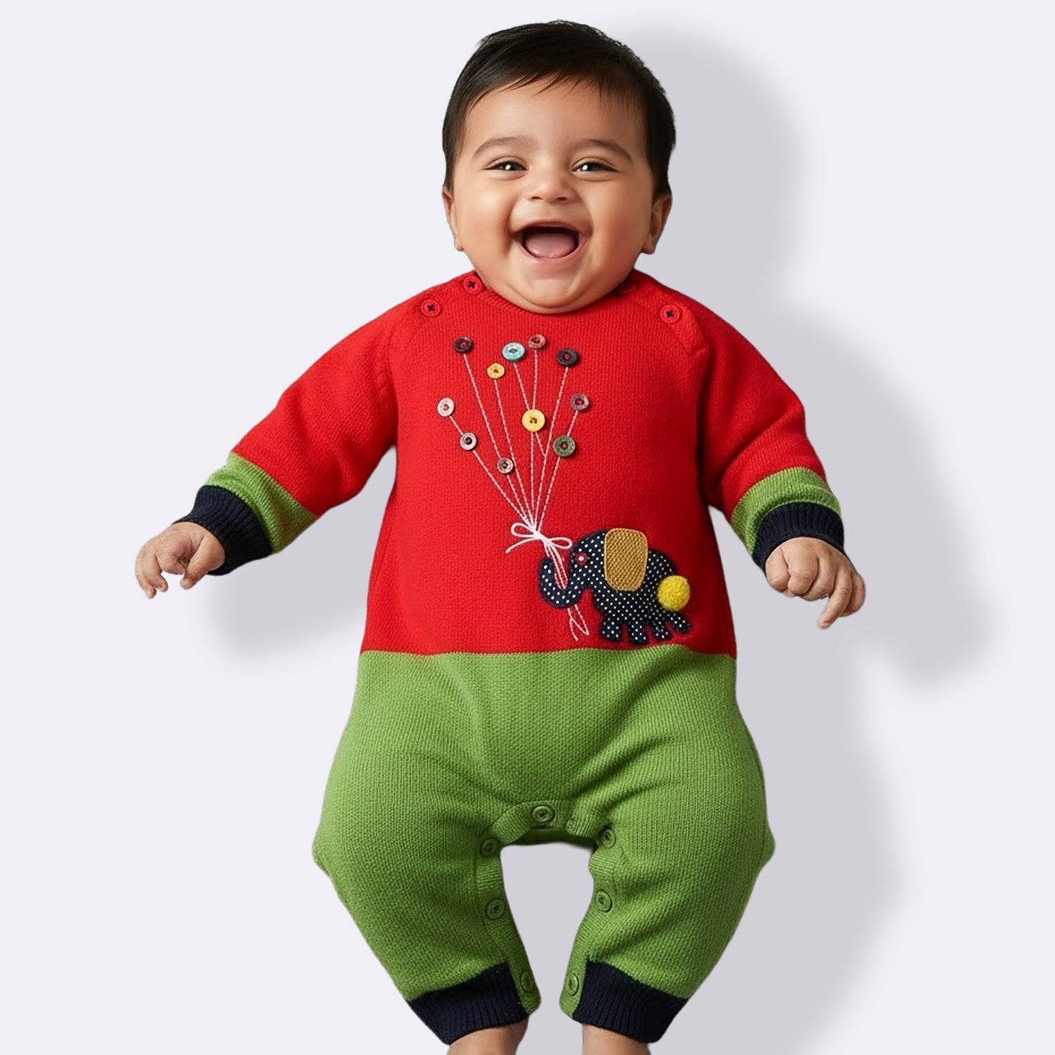 Baby Knitted Winter Romper with Elephant Applique | Soft Full Sleeve Warm Jumpsuit for Newborns & Infants