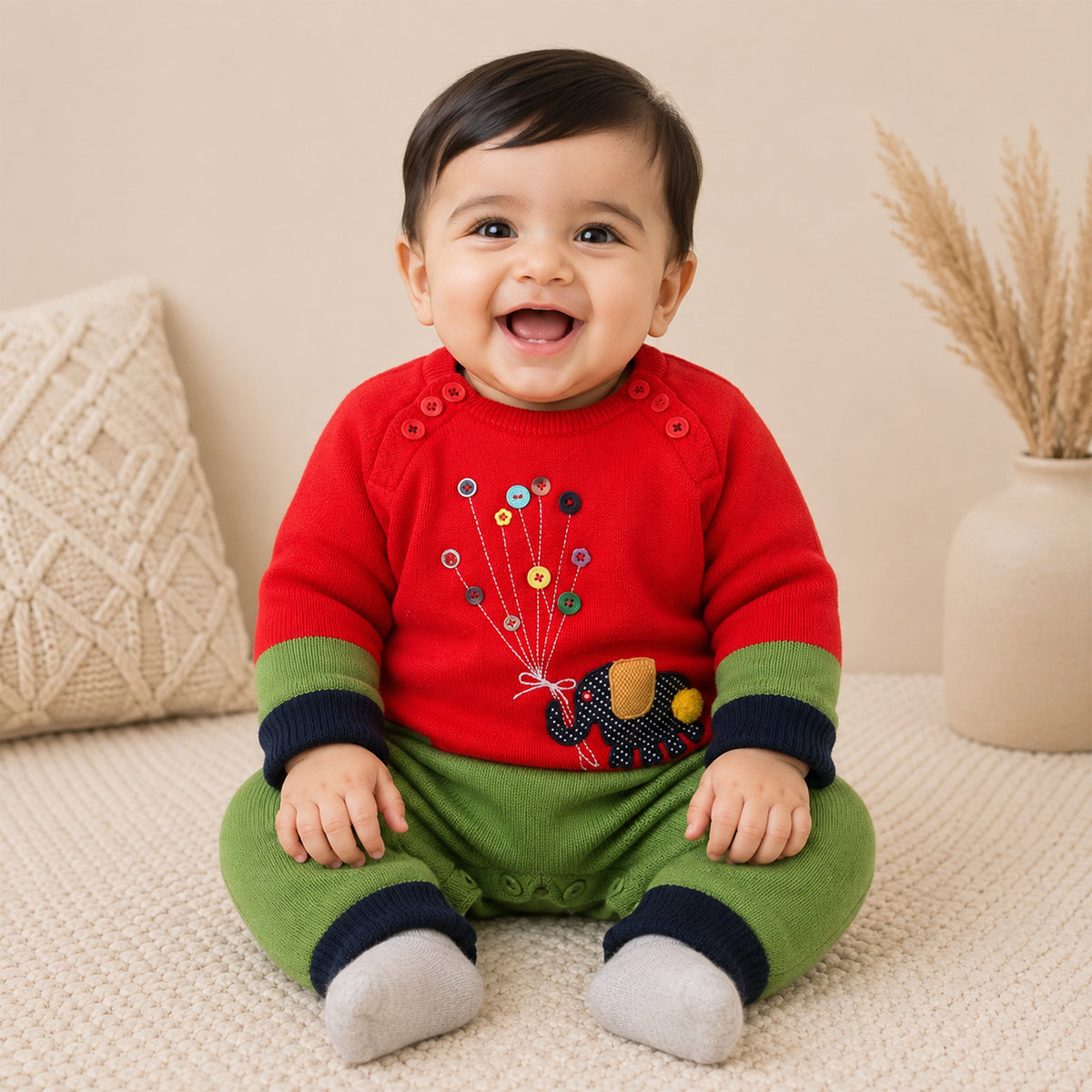 Baby Knitted Winter Romper with Elephant Applique | Soft Full Sleeve Warm Jumpsuit for Newborns & Infants