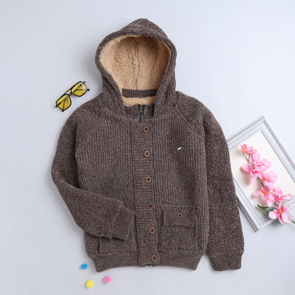 Yellow Apple- Warm Hooded Knit Cardigan for Boys | Fleece-Lined Winter Jacket | Cozy Button-Up Sweater