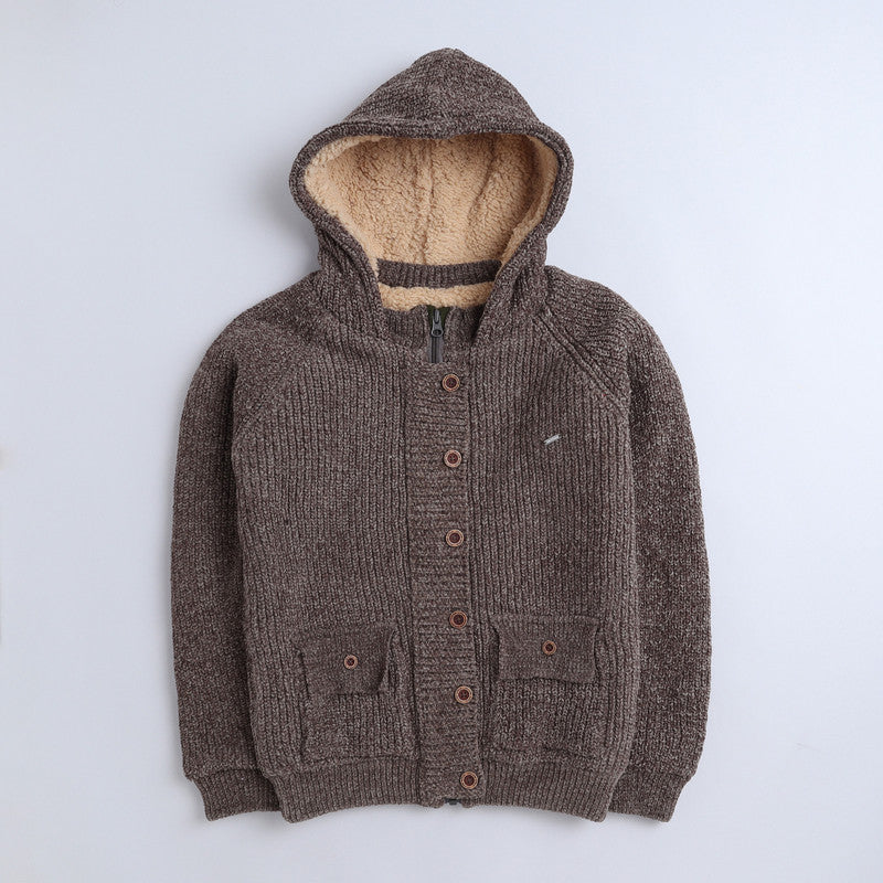 Yellow Apple- Warm Hooded Knit Cardigan for Boys | Fleece-Lined Winter Jacket | Cozy Button-Up Sweater