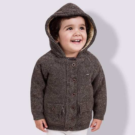 Yellow Apple- Warm Hooded Knit Cardigan for Boys | Fleece-Lined Winter Jacket | Cozy Button-Up Sweater