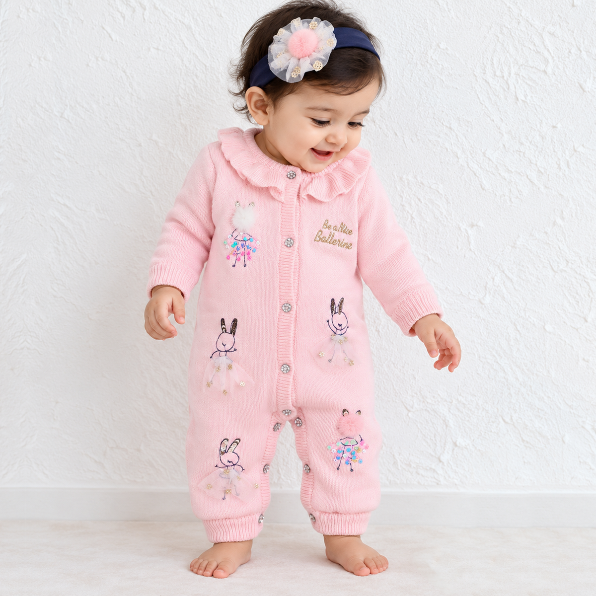 Baby Girls Knitted Romper with Bunny Embroidery, Frill Collar & Front Buttons