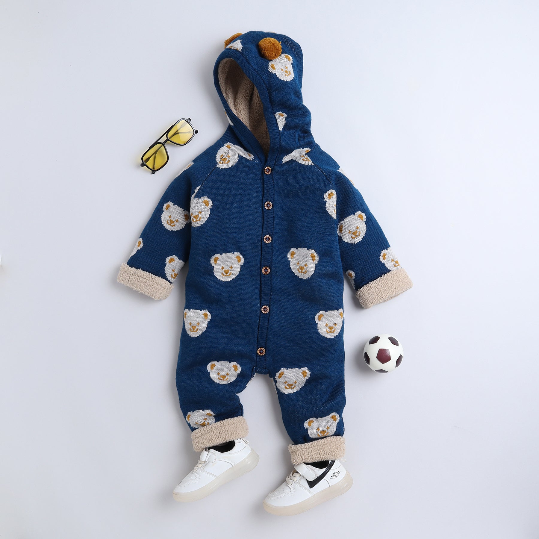 Cute Teddy Bear Hooded Baby Romper | Cozy Winter Knitwear for Infants