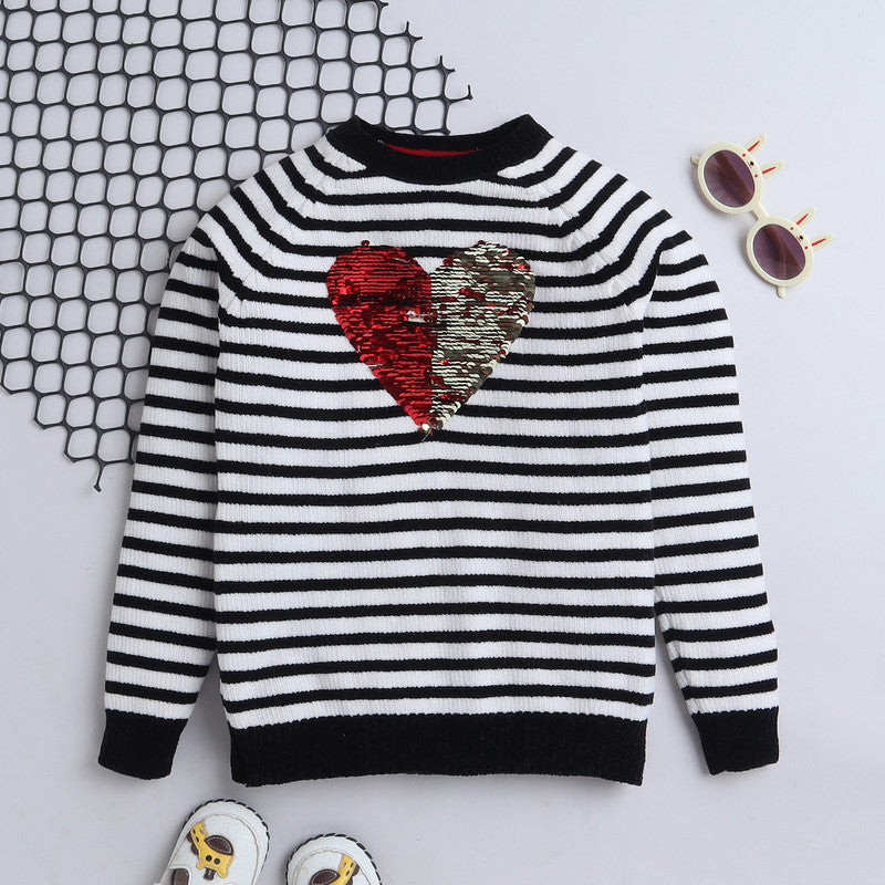 Yellow Apple- Girl Striped Sweater | Sequin Heart Design | Soft & Cozy Winter Wear