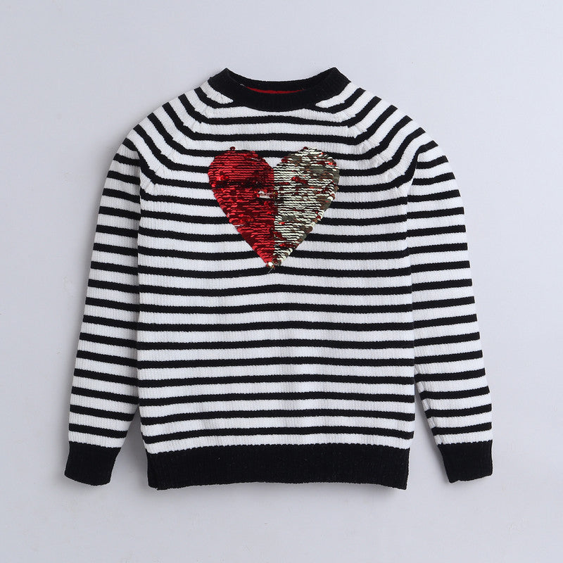 Yellow Apple- Girl Striped Sweater | Sequin Heart Design | Soft & Cozy Winter Wear