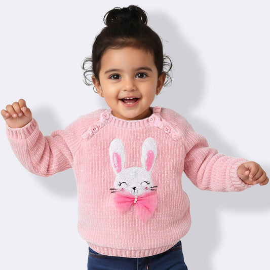 Yellow Apple-Bunny Chenille Sweater with Sequin & Tulle Bow For Girls