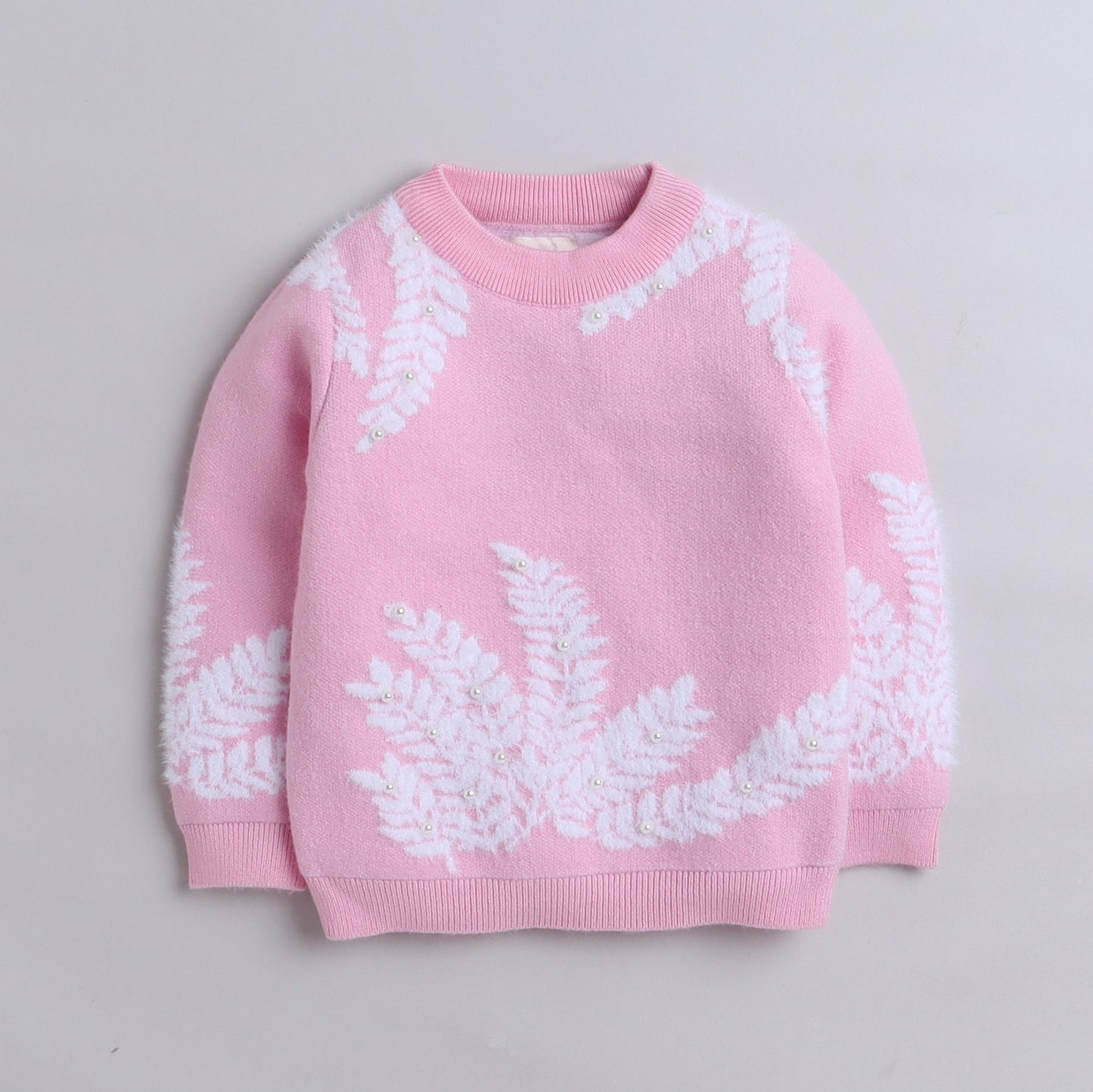 Yellow Apple- Girls Knitted Winter Sweater | Soft Pullover with Leaf Pattern & Pearl Detailing