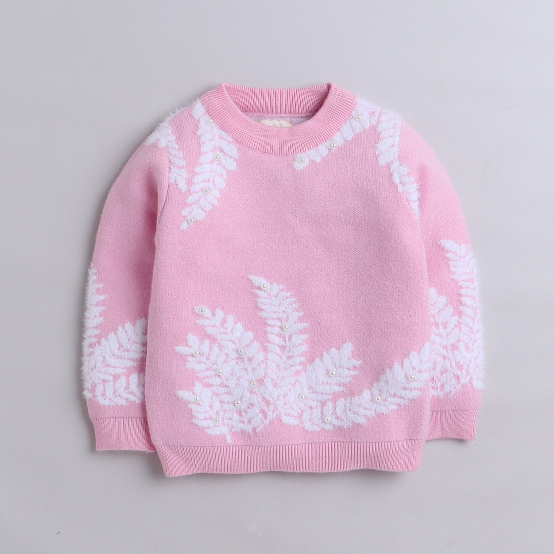 Girls Knitted Winter Sweater | Soft Pullover with Leaf Pattern & Pearl Detailing