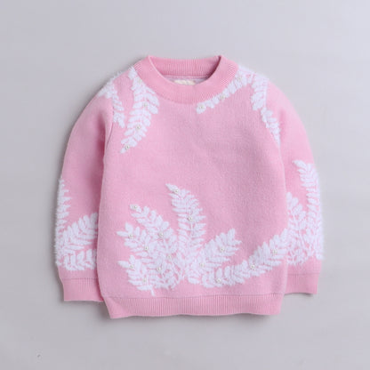 Yellow Apple- Girls Knitted Winter Sweater | Soft Pullover with Leaf Pattern & Pearl Detailing