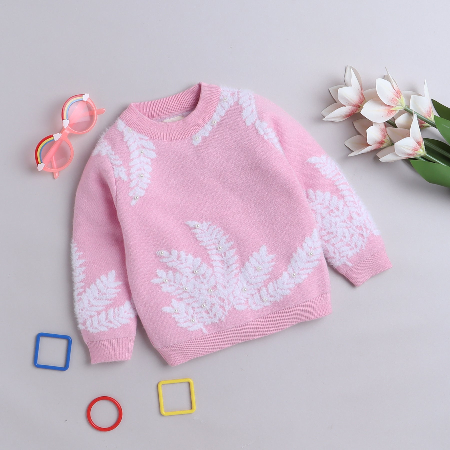 Girls Knitted Winter Sweater | Soft Pullover with Leaf Pattern & Pearl Detailing