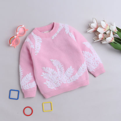 Yellow Apple- Girls Knitted Winter Sweater | Soft Pullover with Leaf Pattern & Pearl Detailing