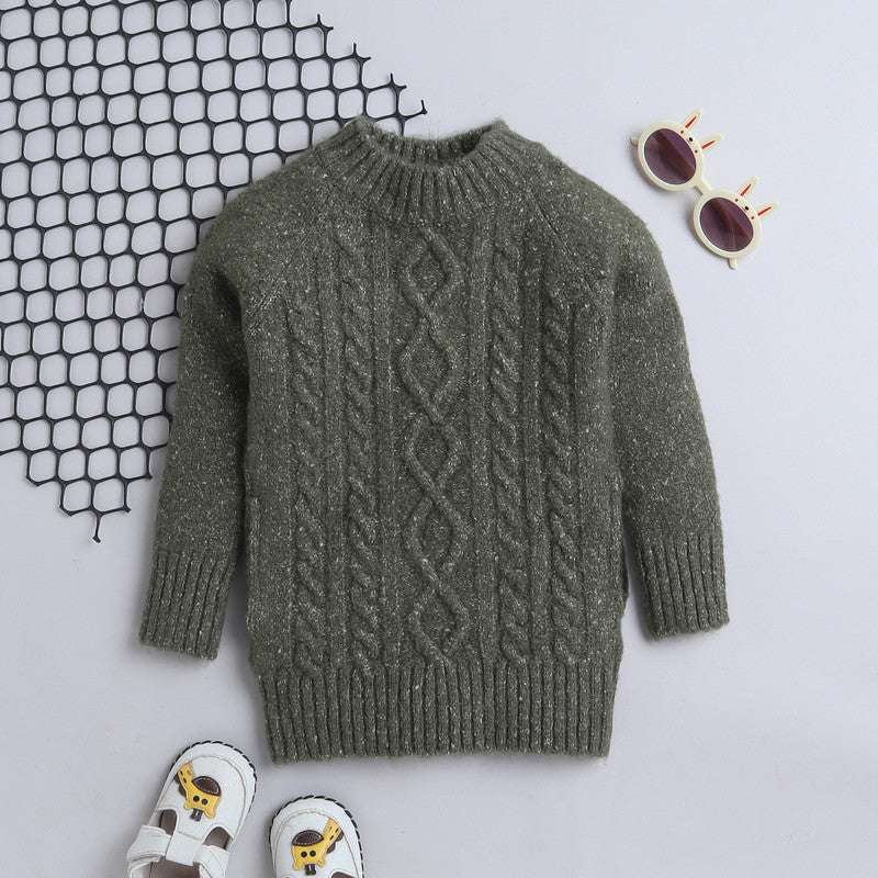 Girls Self Design Round Neck Green Sweater