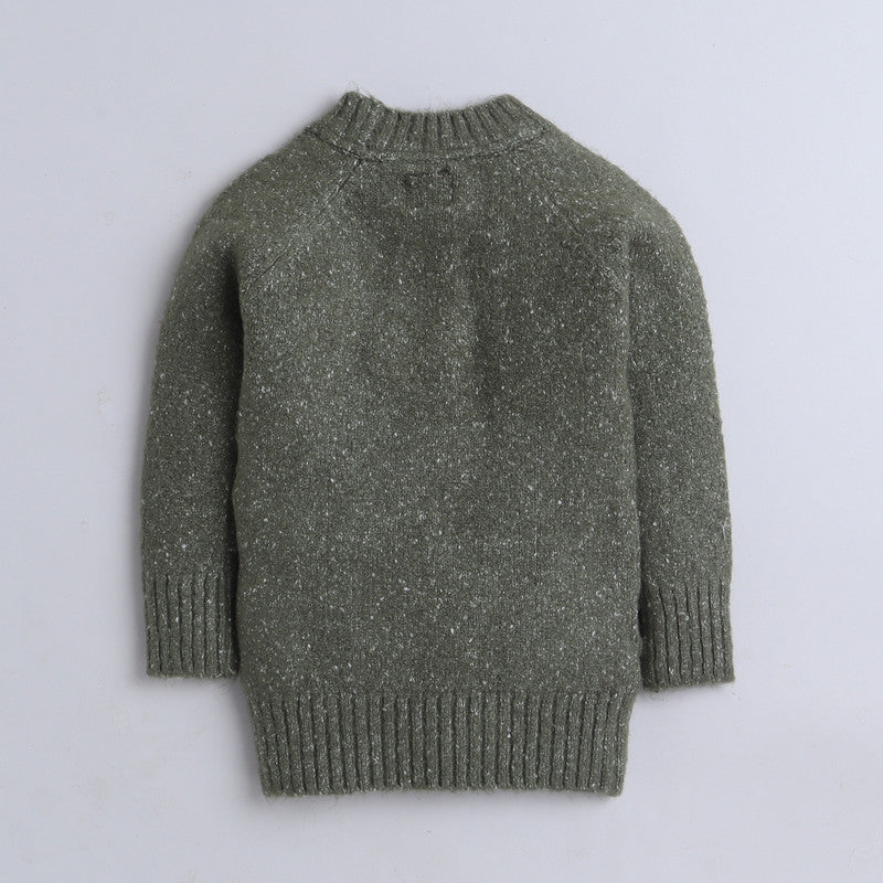 Girls Self Design Round Neck Green Sweater