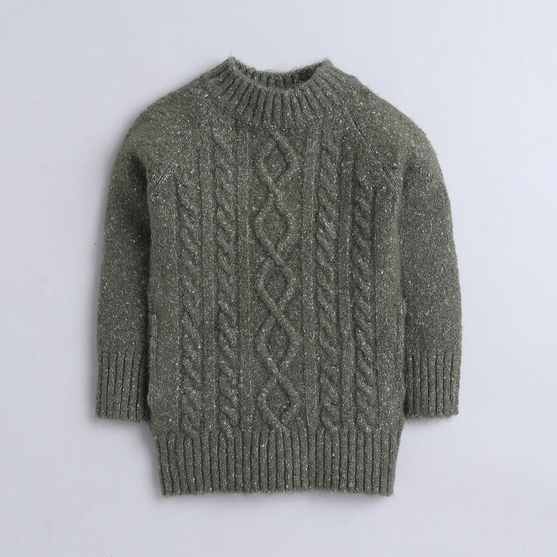Girls Self Design Round Neck Green Sweater