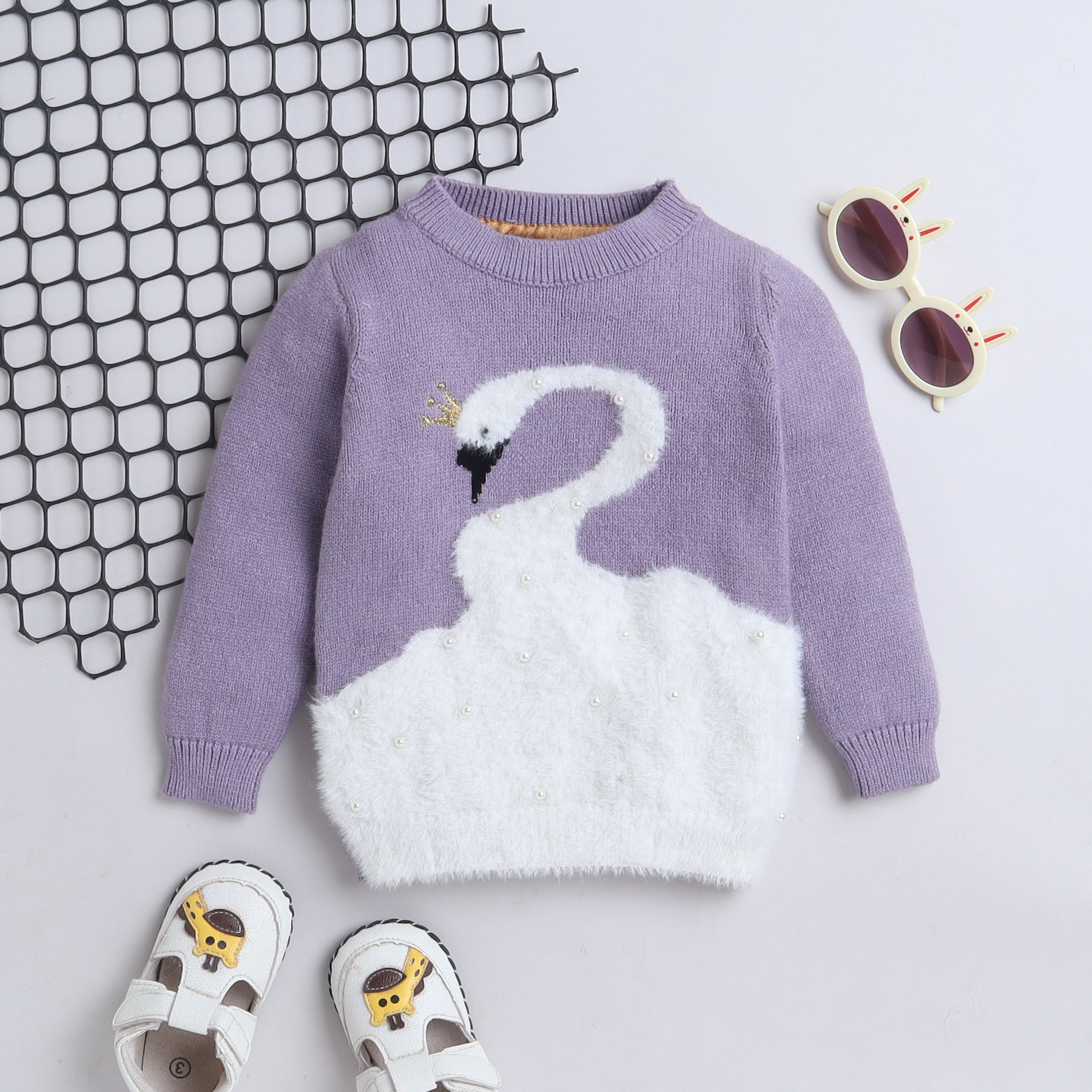 Elegant Swan Knit Sweater with Pearls and Crown Detail