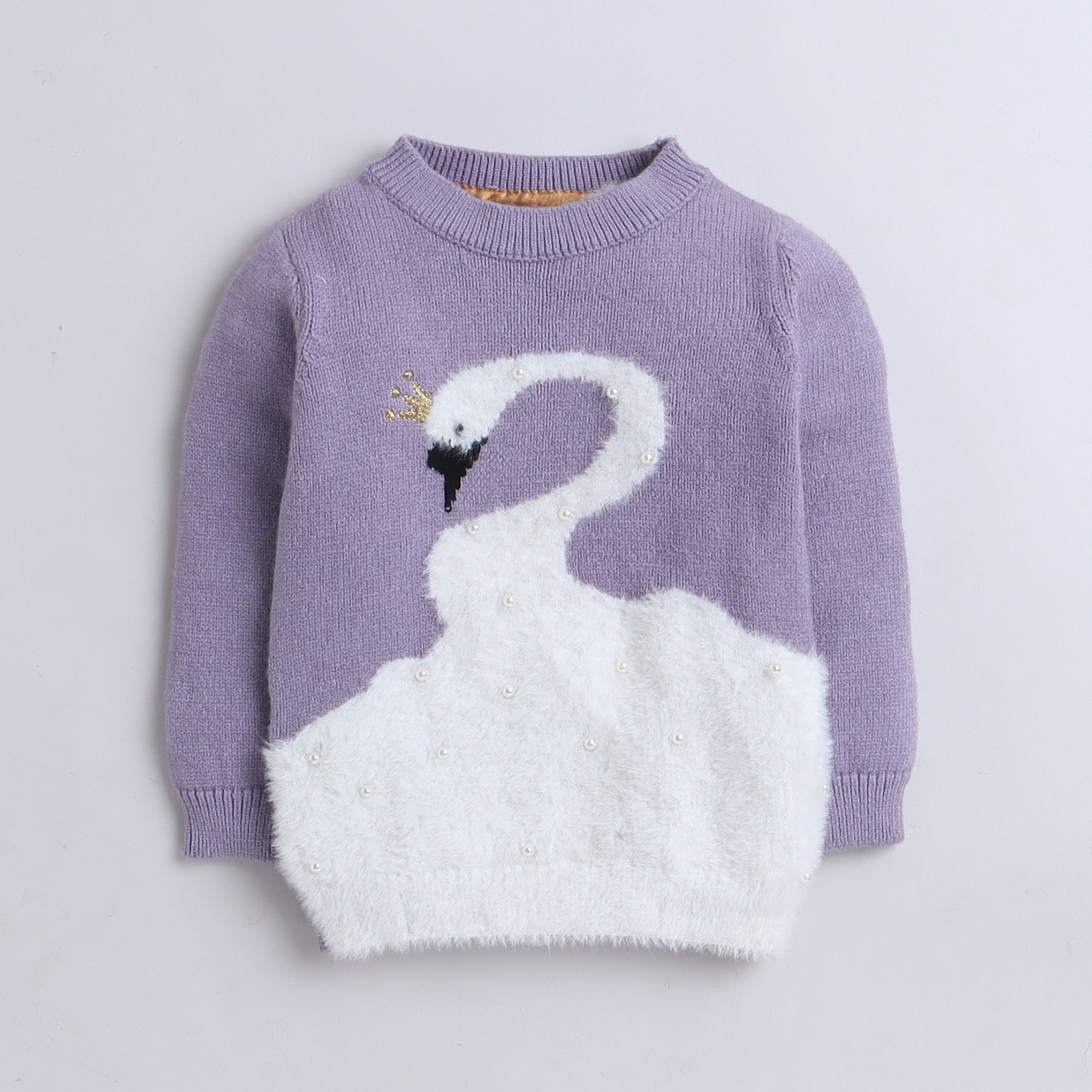 Elegant Swan Knit Sweater with Pearls and Crown Detail