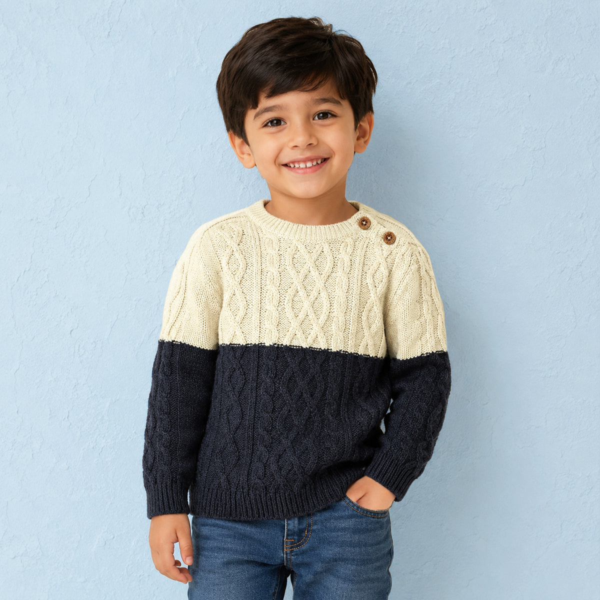 Kids’ Cream & Navy Blue Cable Knit Sweater | Cozy Two-Tone Pullover