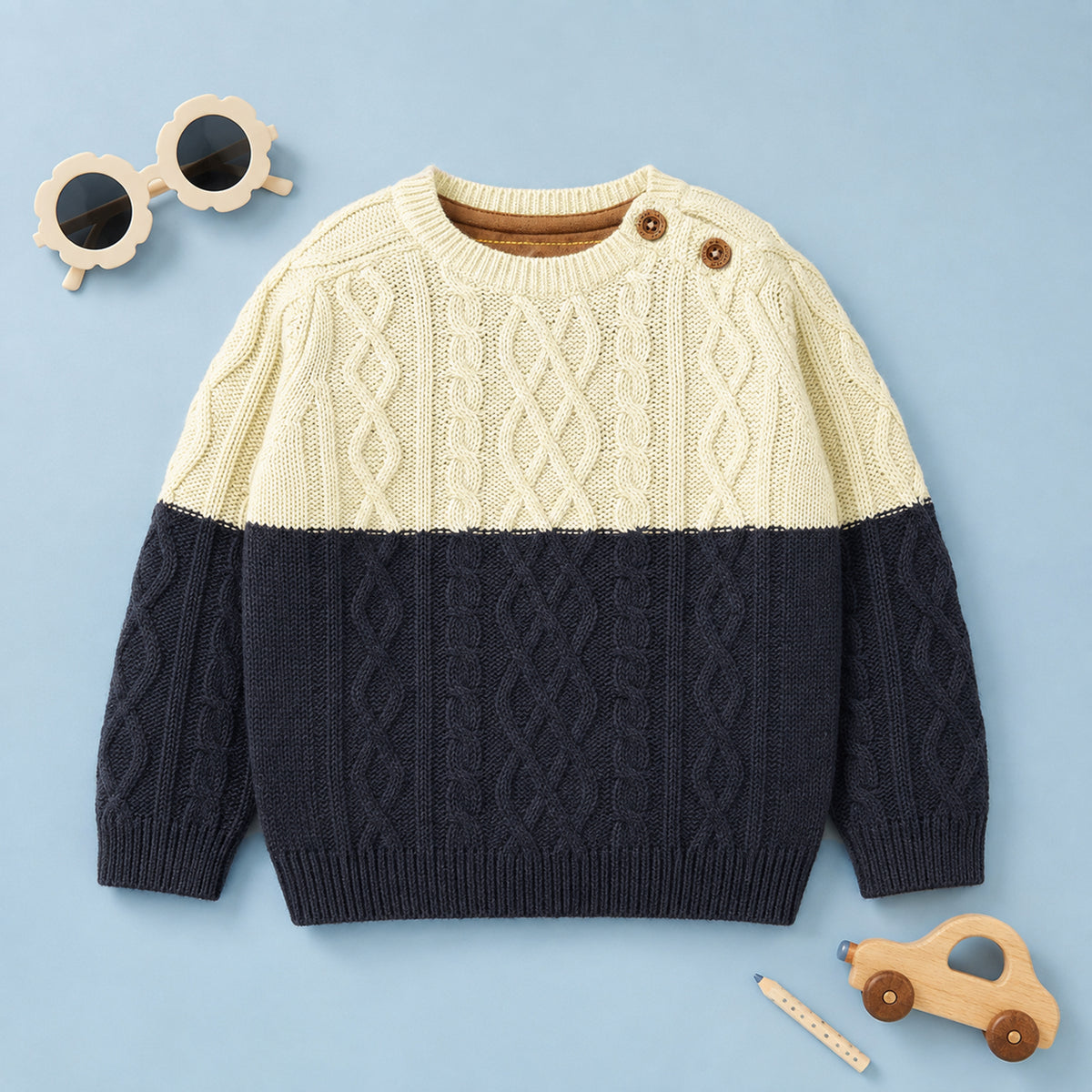 Kids’ Cream & Navy Blue Cable Knit Sweater | Cozy Two-Tone Pullover