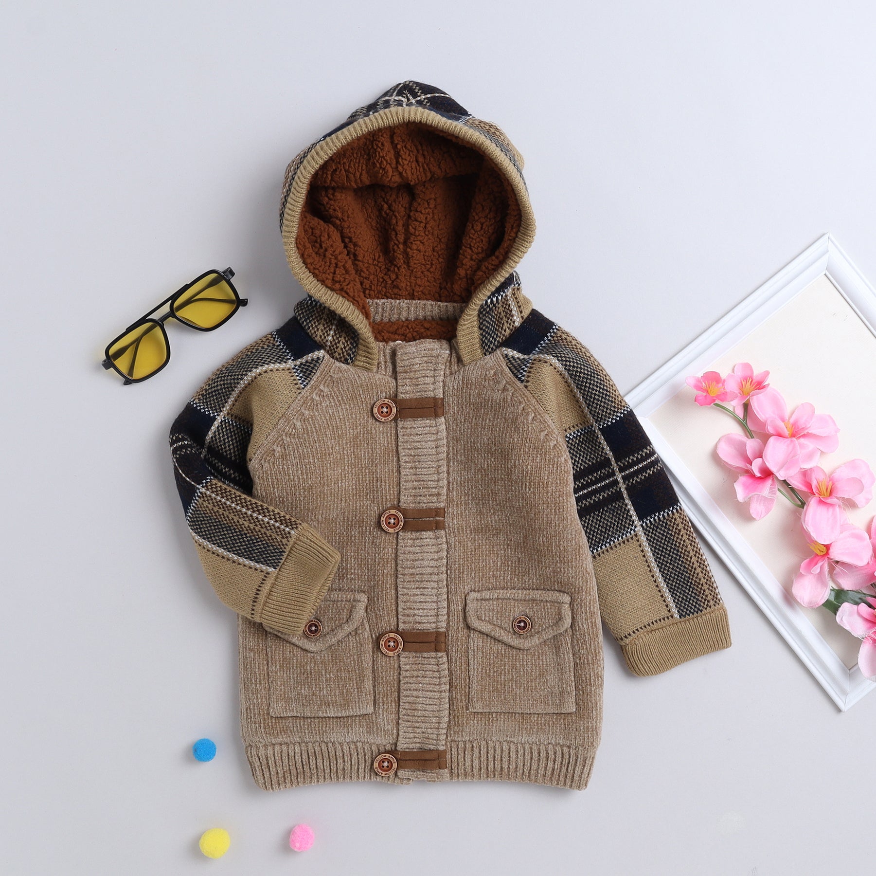 Kids Hooded Knitted Winter Cardigan with Fleece Lining | Warm Button-Up Sweater Jacket for Boys