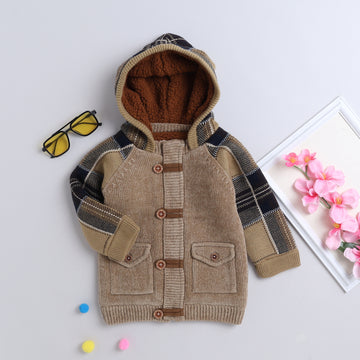 Kids Hooded Knitted Winter Cardigan with Fleece Lining | Warm Button-Up Sweater Jacket for Boys