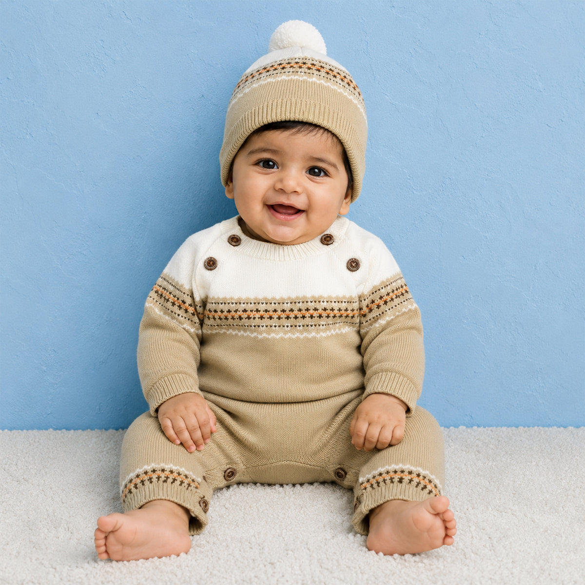 Baby Knitted Romper with Cap | Full Sleeve Winter Jumpsuit for Infants | Soft Warm One-Piece Outfit