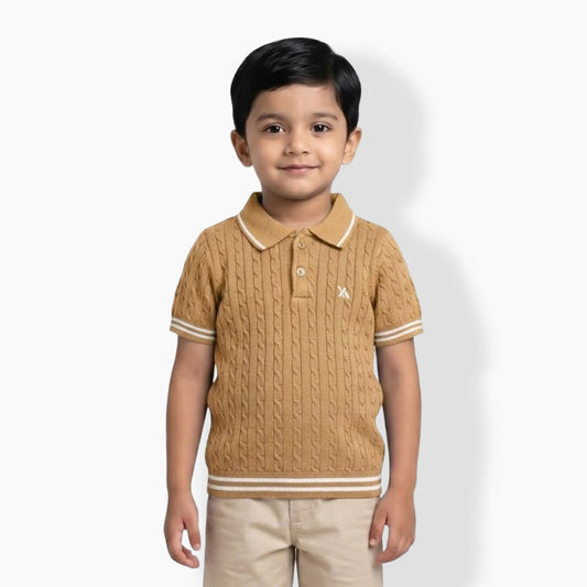 Boys Cable Knit Polo T-Shirt, Soft Cotton Half Sleeve Collar Tee for Boys, Casual Summer Wear
