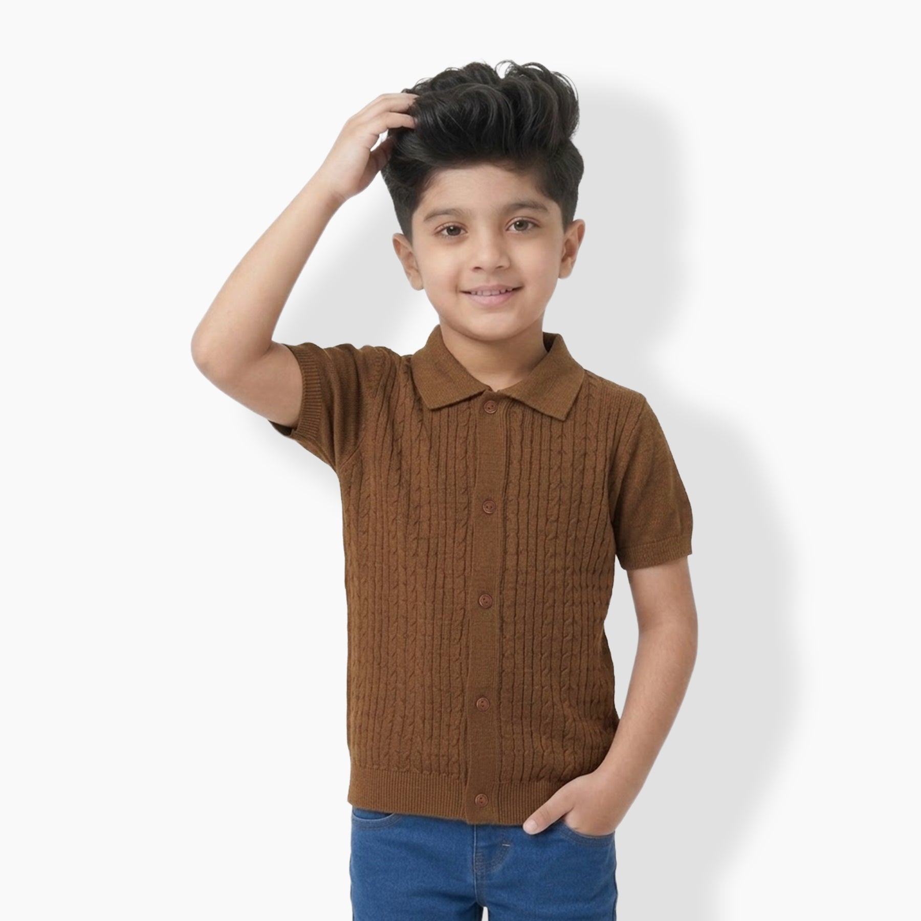 Boys Cable Knit Polo T-Shirt, Soft Cotton Half Sleeve Collar Tee for Boys, Casual Summer Wear