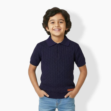 Boys Cable Knit Polo T-Shirt, Soft Cotton Half Sleeve Collar Tee for Boys, Casual Summer Wear