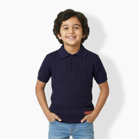 Boys Cable Knit Polo T-Shirt, Soft Cotton Half Sleeve Collar Tee for Boys, Casual Summer Wear