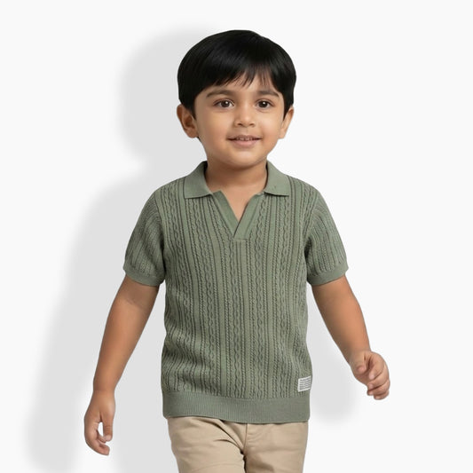 Boys Cable Knit Polo T-Shirt, Soft Cotton Half Sleeve Collar Tee for Boys, Casual Summer Wear