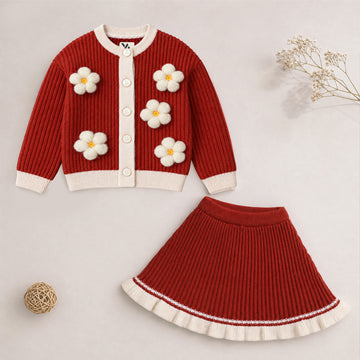 Girls Red Knit Skirt Set with White Trim | Stylish Winter Co-Ord Outfit