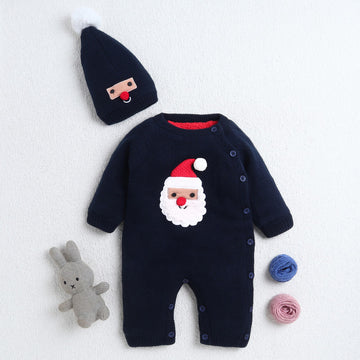 Baby 2-Piece Christmas Knit Romper Set | Soft Warm Santa Claus Romper with Matching Beanie