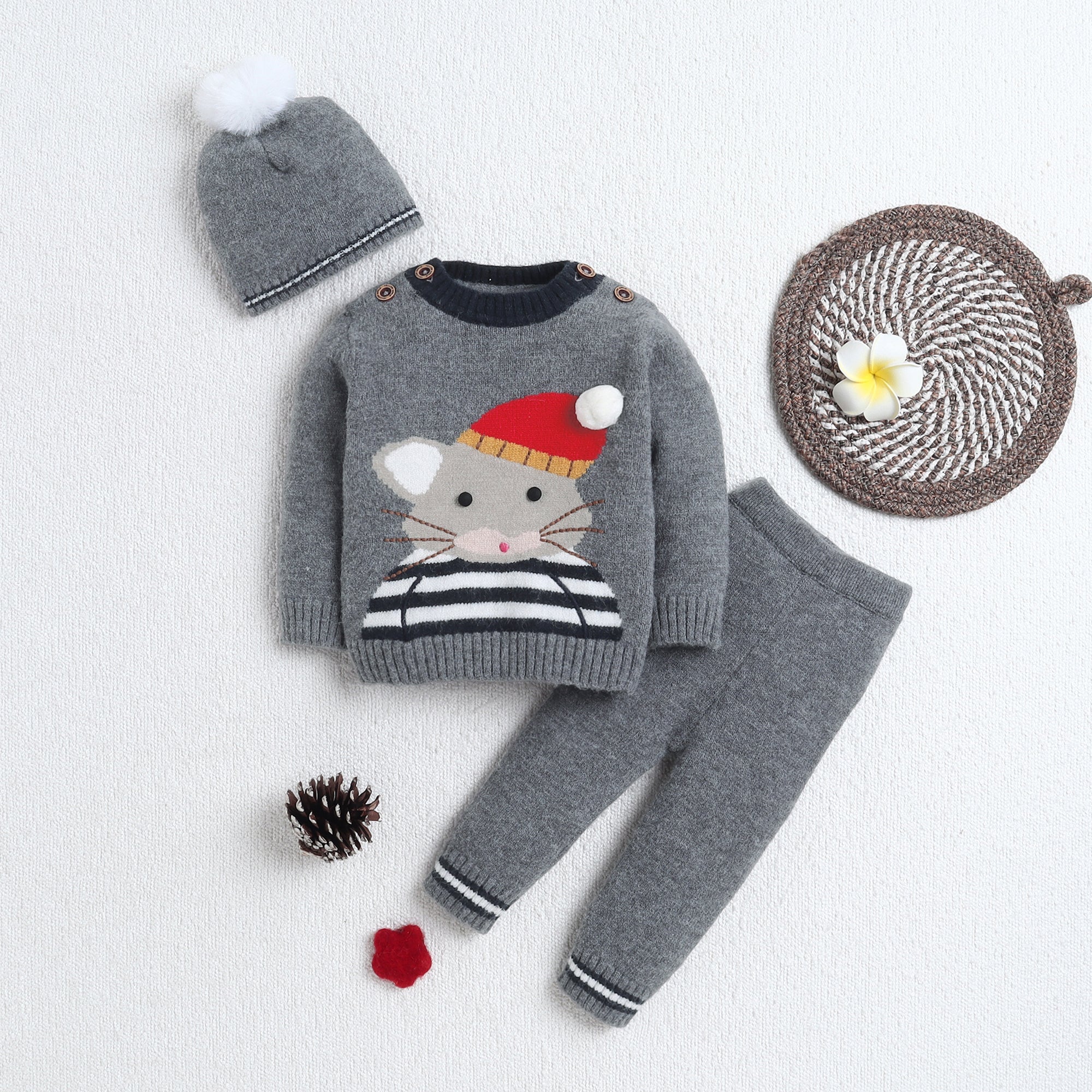 Baby 3-Piece Knit Clothing Set | Soft Warm Animal Embroidered Sweater, Knit Pants & Pom-Pom Beanie | Cozy Winter Outfit for Babies