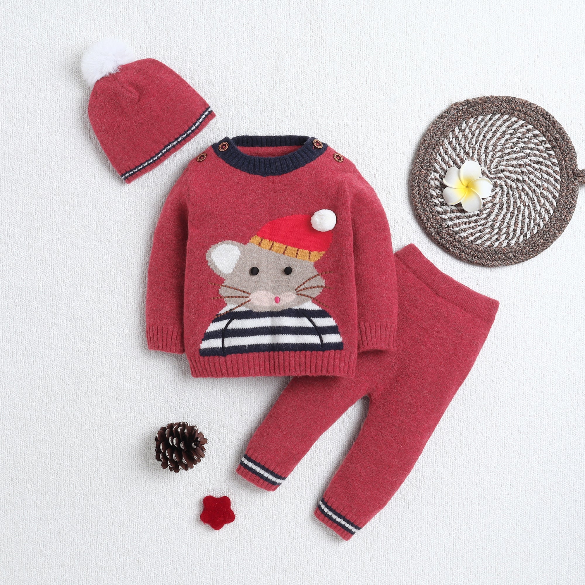 Baby 3-Piece Knit Clothing Set | Soft Warm Animal Embroidered Sweater, Knit Pants & Pom-Pom Beanie | Cozy Winter Outfit for Babies