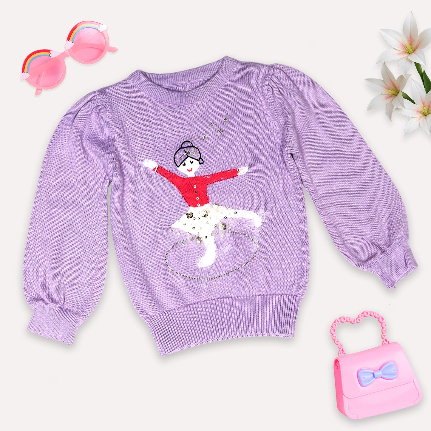 Girls Self Design Round Neck Sweater