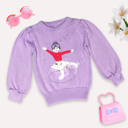 Girls Self Design Round Neck Sweater