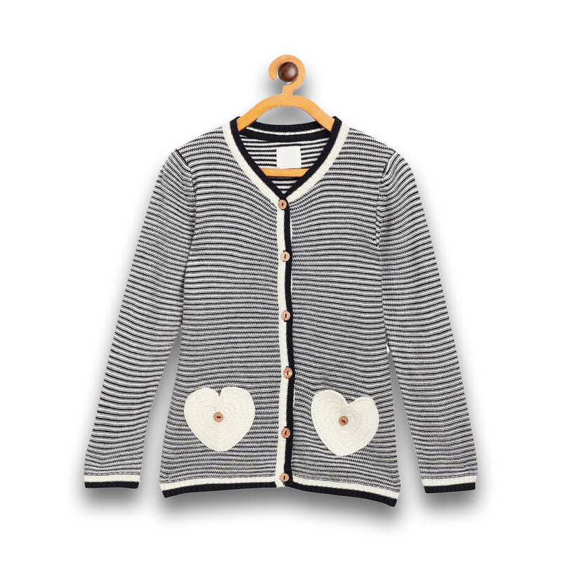 Girls Striped V Neck Black and White Color Sweater