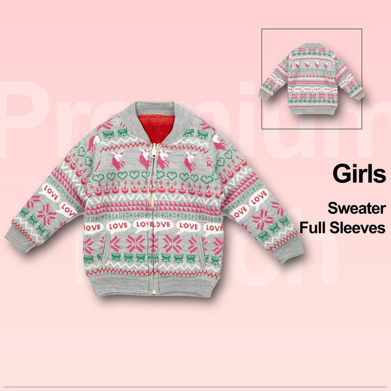 Baby Girls Printed V Neck Grey Sweater