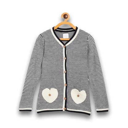 Girls Striped V Neck Black and White Color Sweater