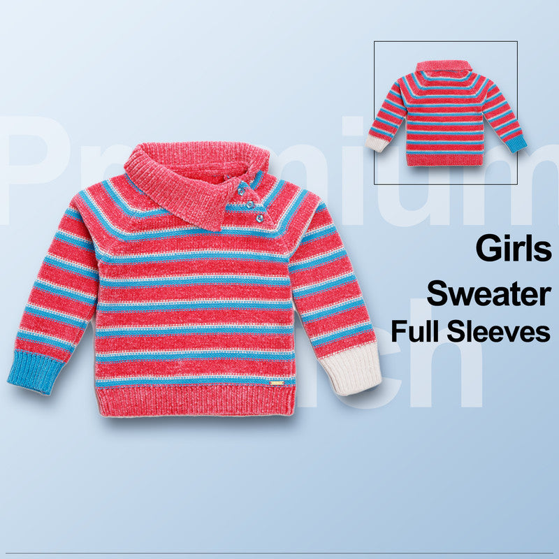 Girls Striped High Neck Pink Sweater