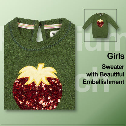 Girls Self Design Round Neck Full Sleeves Sweater Green Color